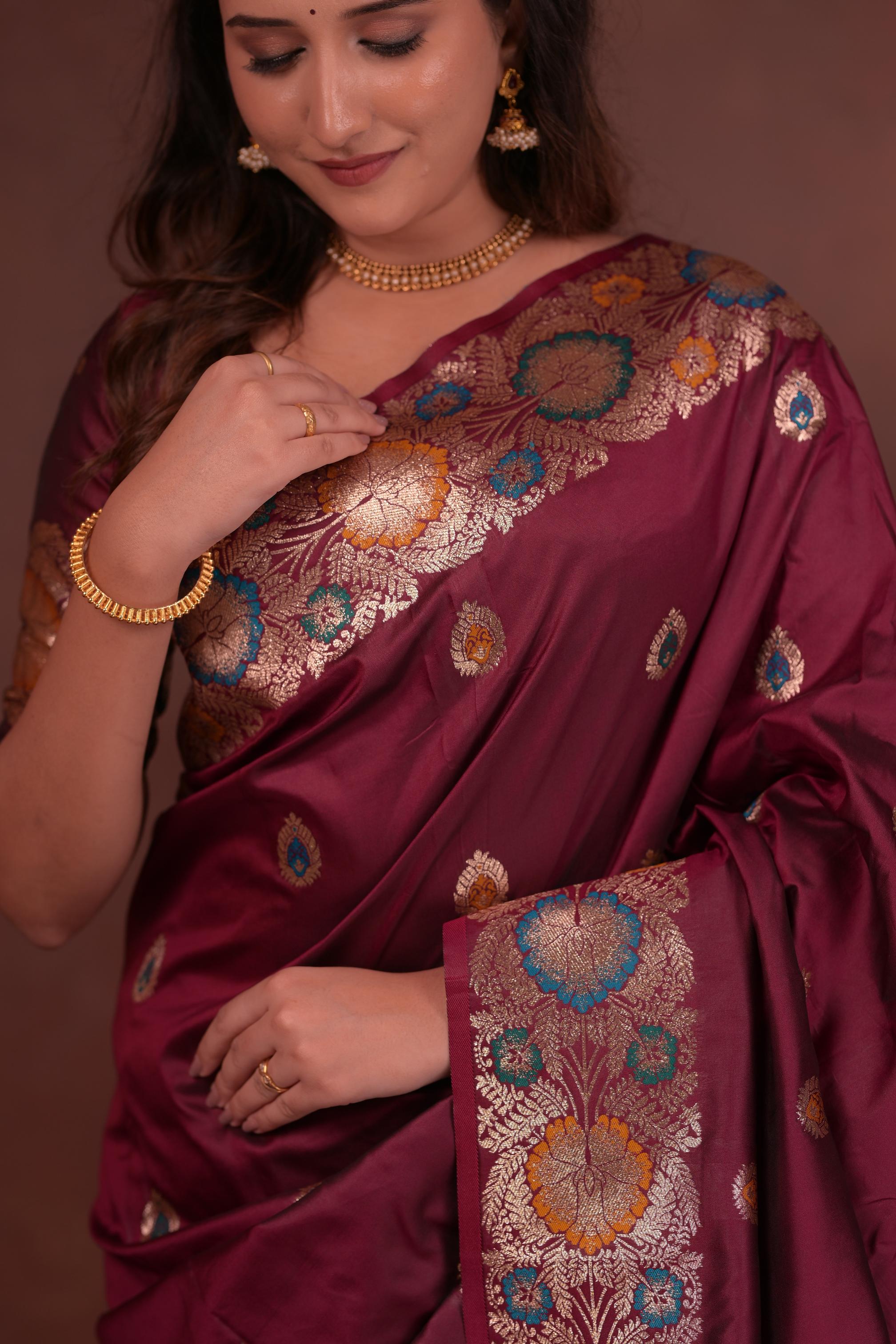 Wine Banarasi Silk Saree with Multicolor Floral Zari Woven Border & Rich Designer Pallu