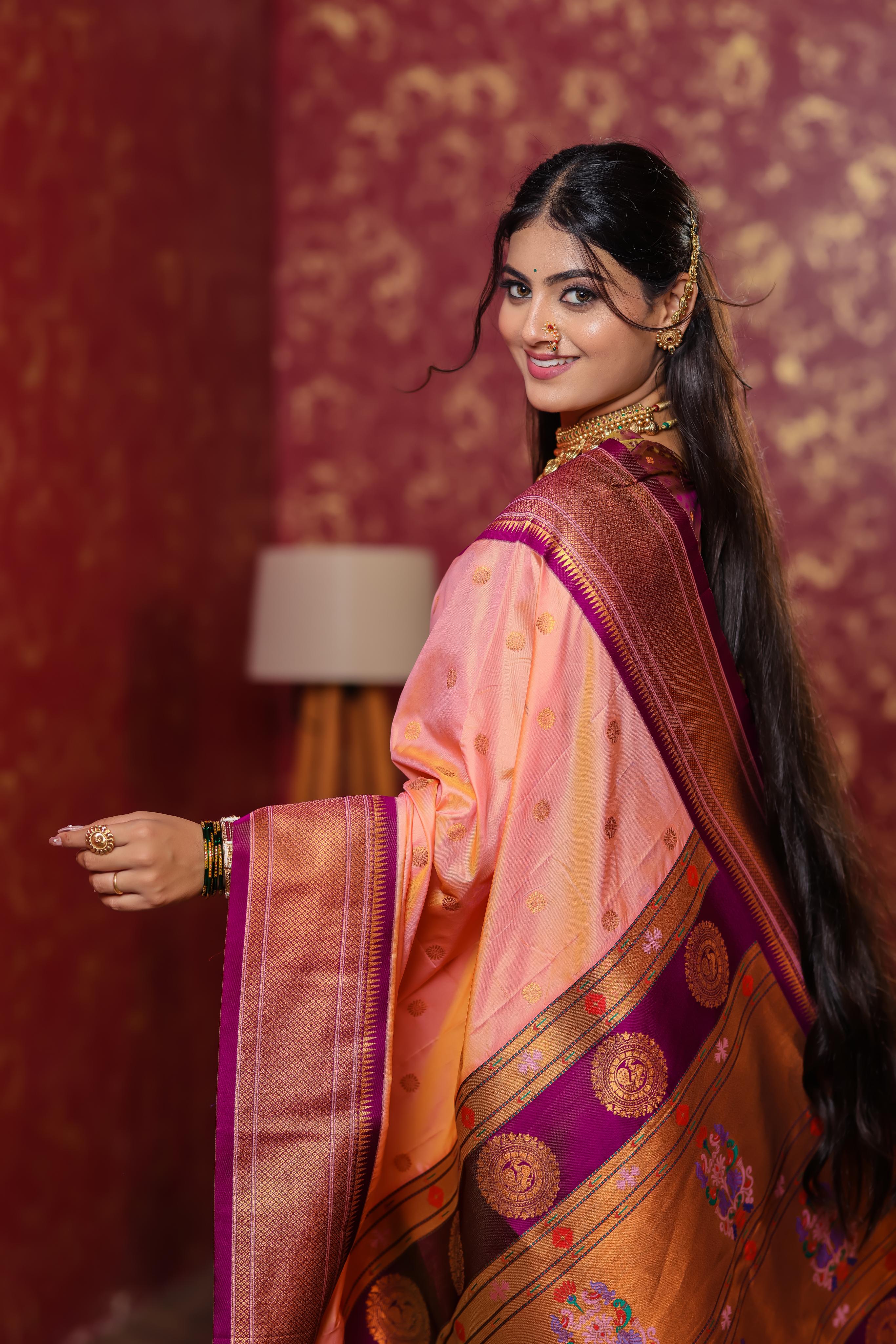 Peach Paithani Silk Saree with Golden Zari Butti, Purple Border & Designer Pallu