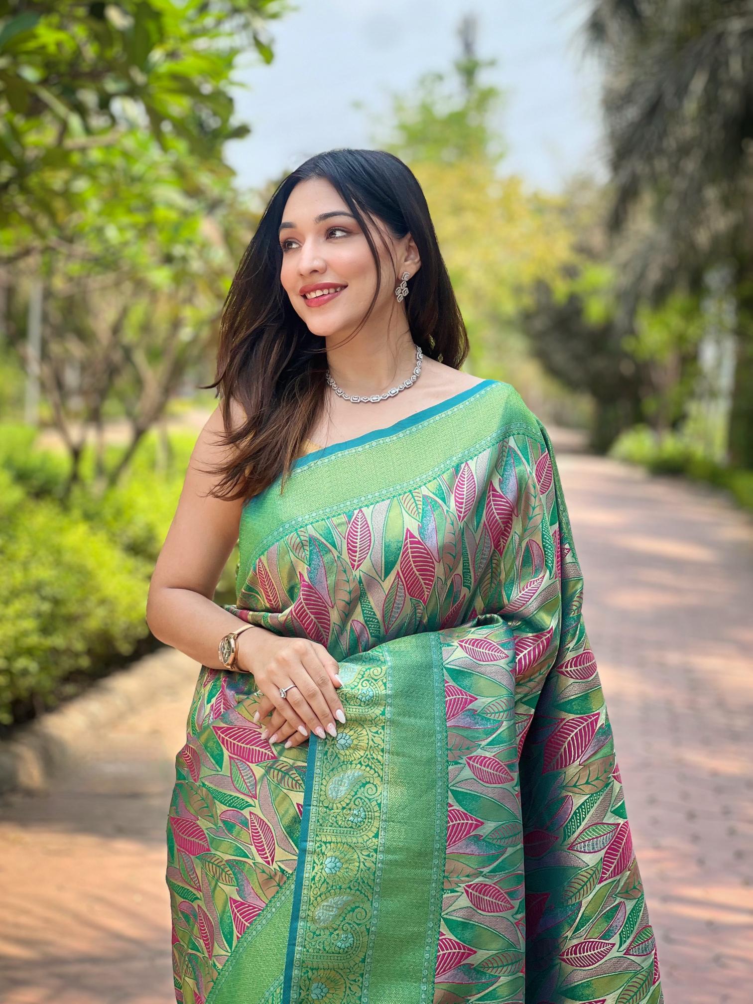 Women's Sea Green Banarasi Silk Saree with Multicolor Leaf Woven Design & Rich Zari Border