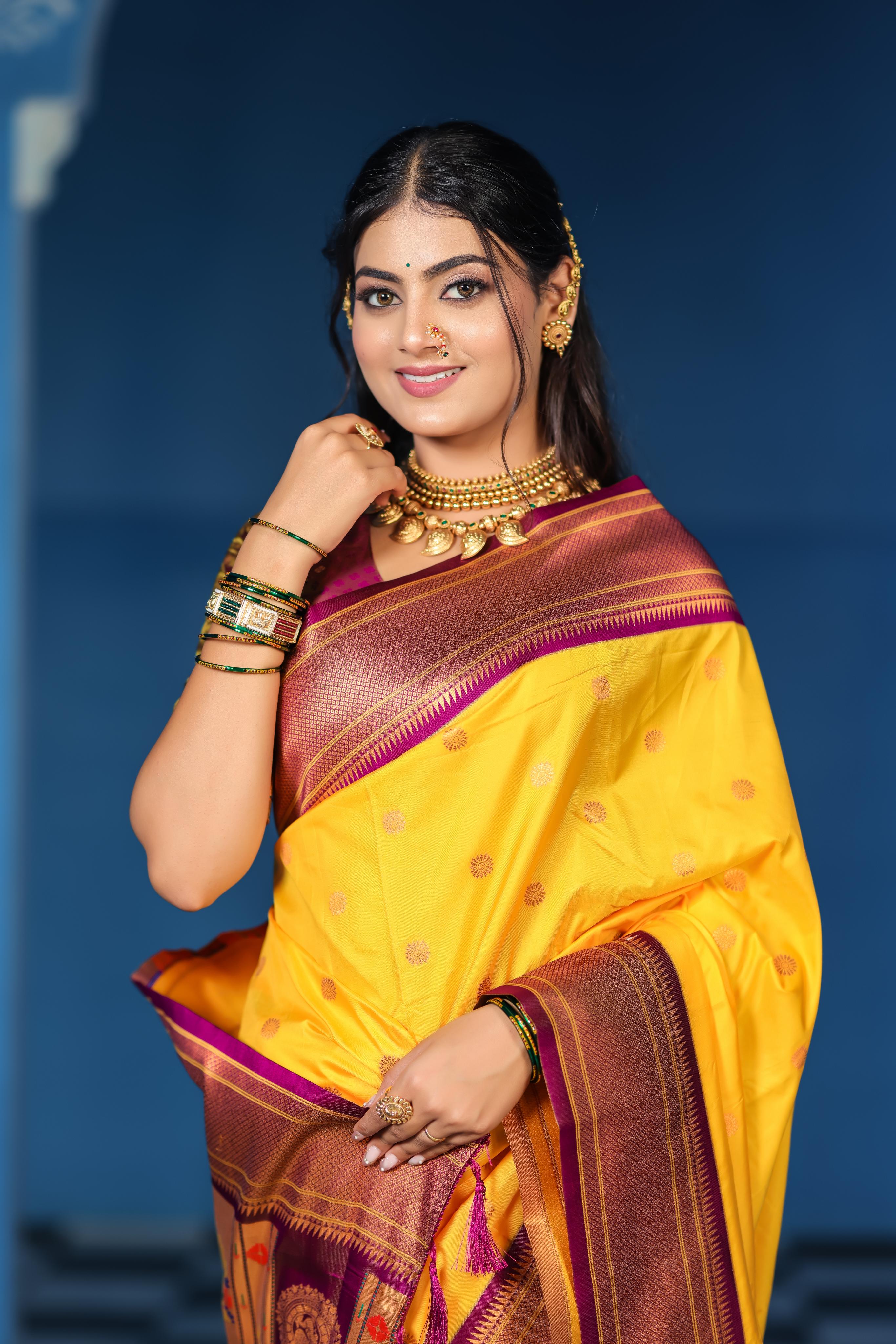 Mustard Yellow Paithani Silk Saree with Golden Zari Butti, Purple Border & Designer Pallu