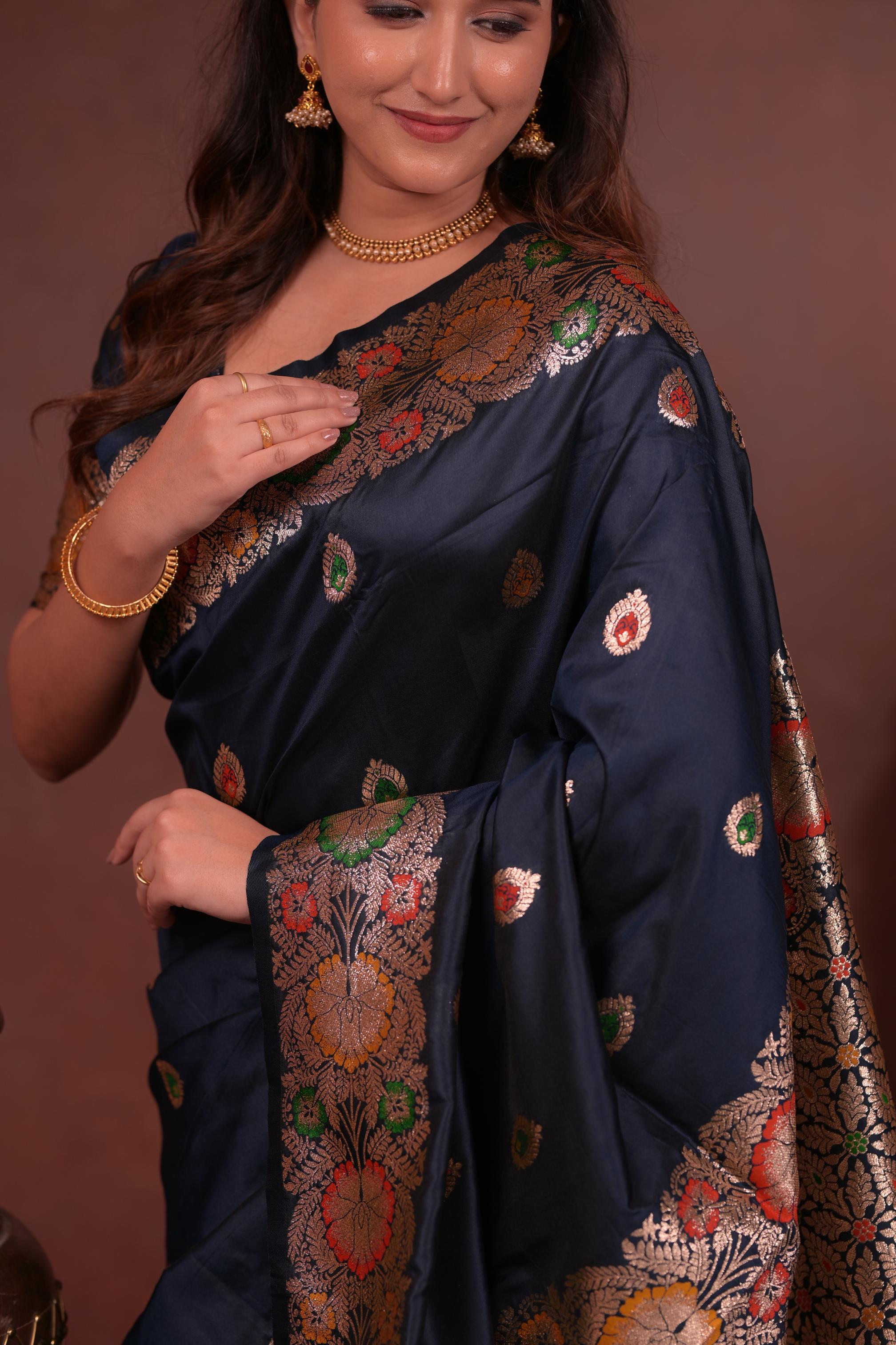 Navy Blue Banarasi Silk Saree with Multicolor Floral Zari Woven Border & Rich Designer Pallu