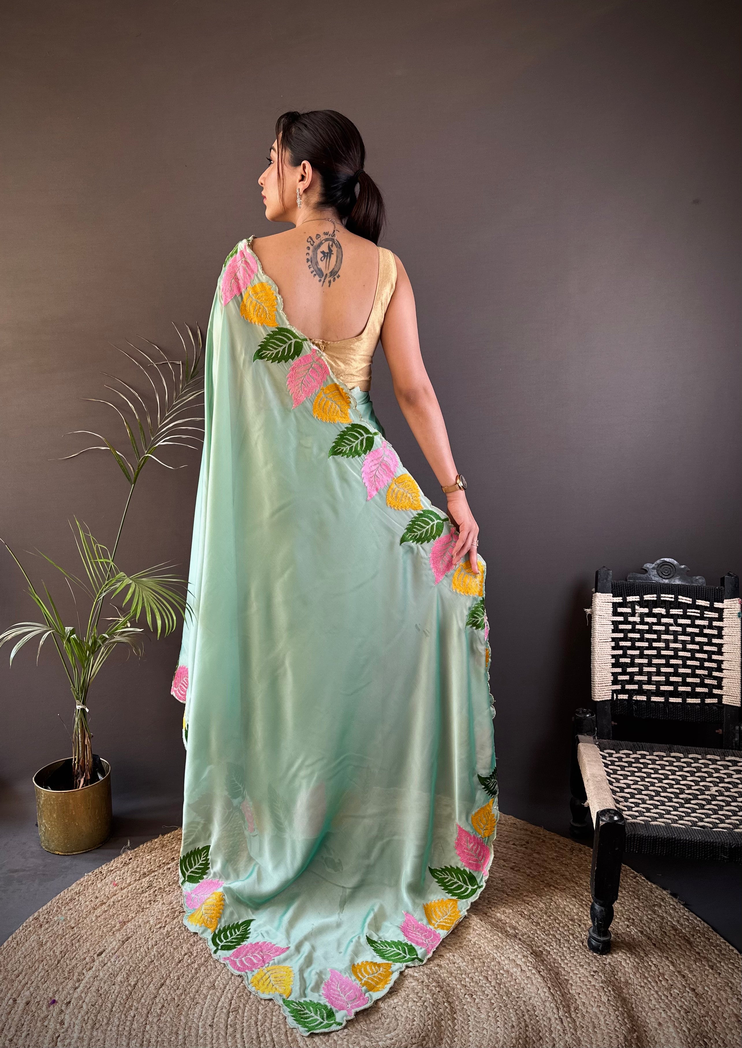 Mint Green Georgette Saree with Multicolor Leaf Embroidery Border & Designer Pallu