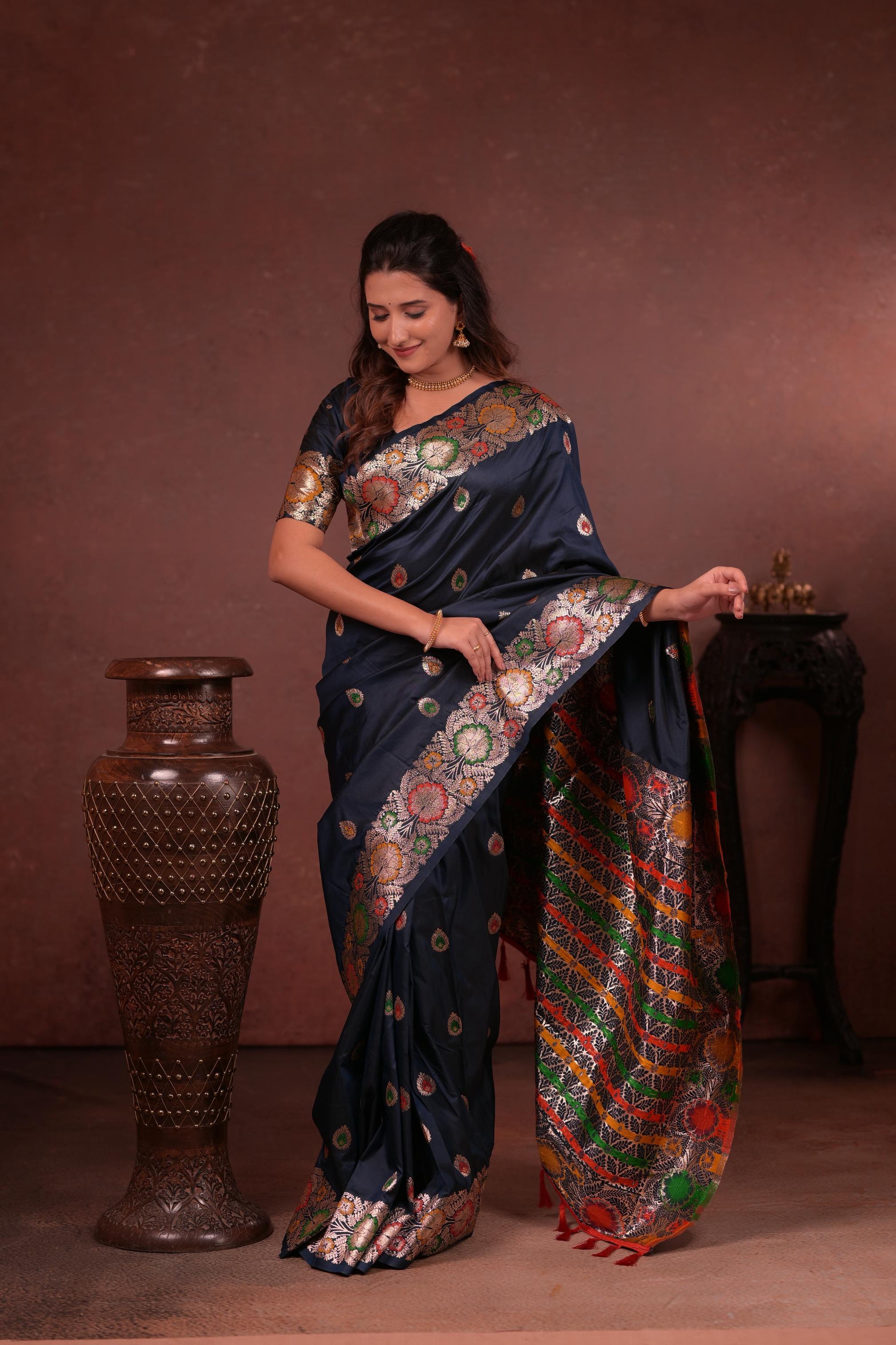 Navy Blue Banarasi Silk Saree with Multicolor Floral Zari Woven Border & Rich Designer Pallu