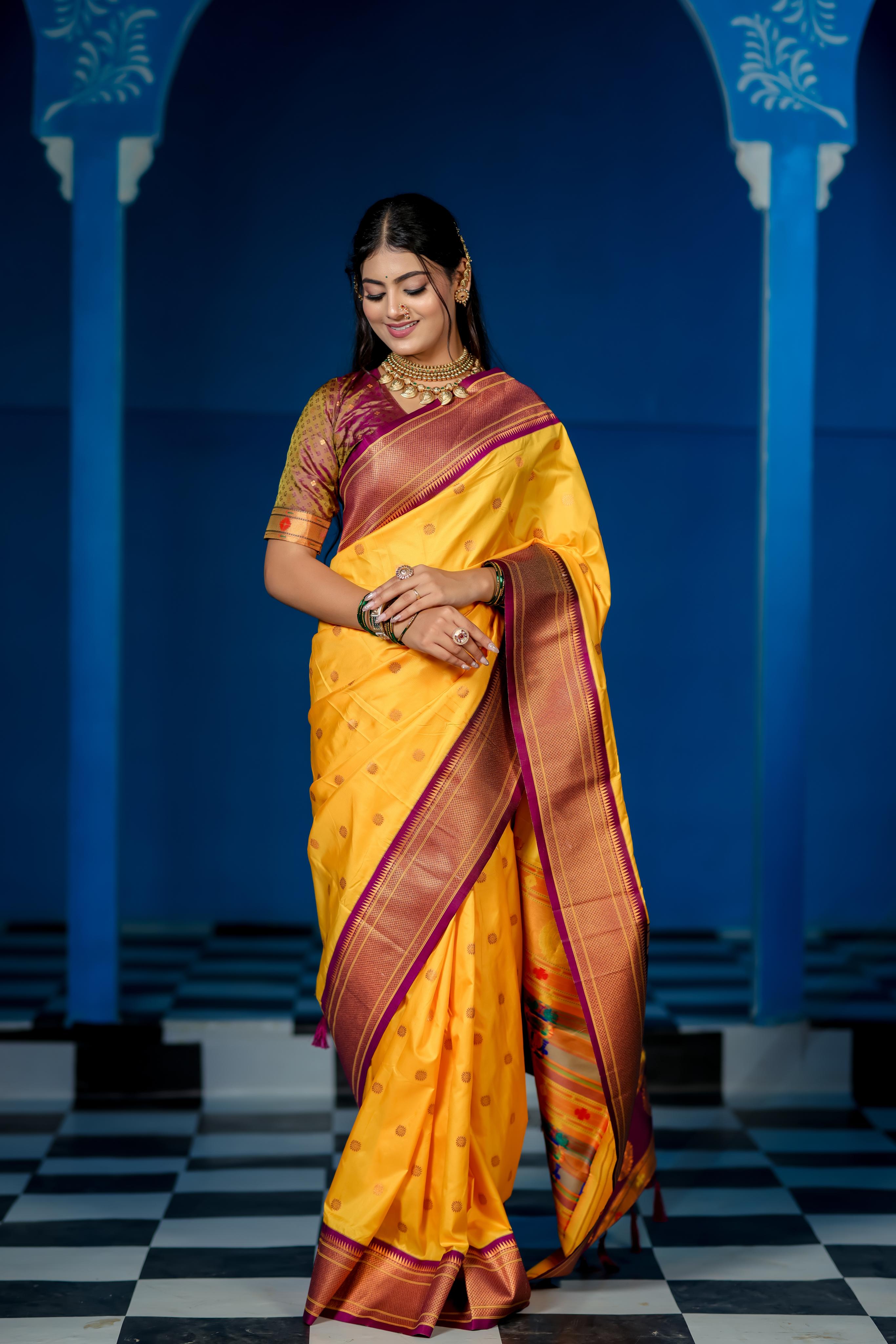 Mustard Yellow Paithani Silk Saree with Golden Zari Butti, Purple Border & Designer Pallu