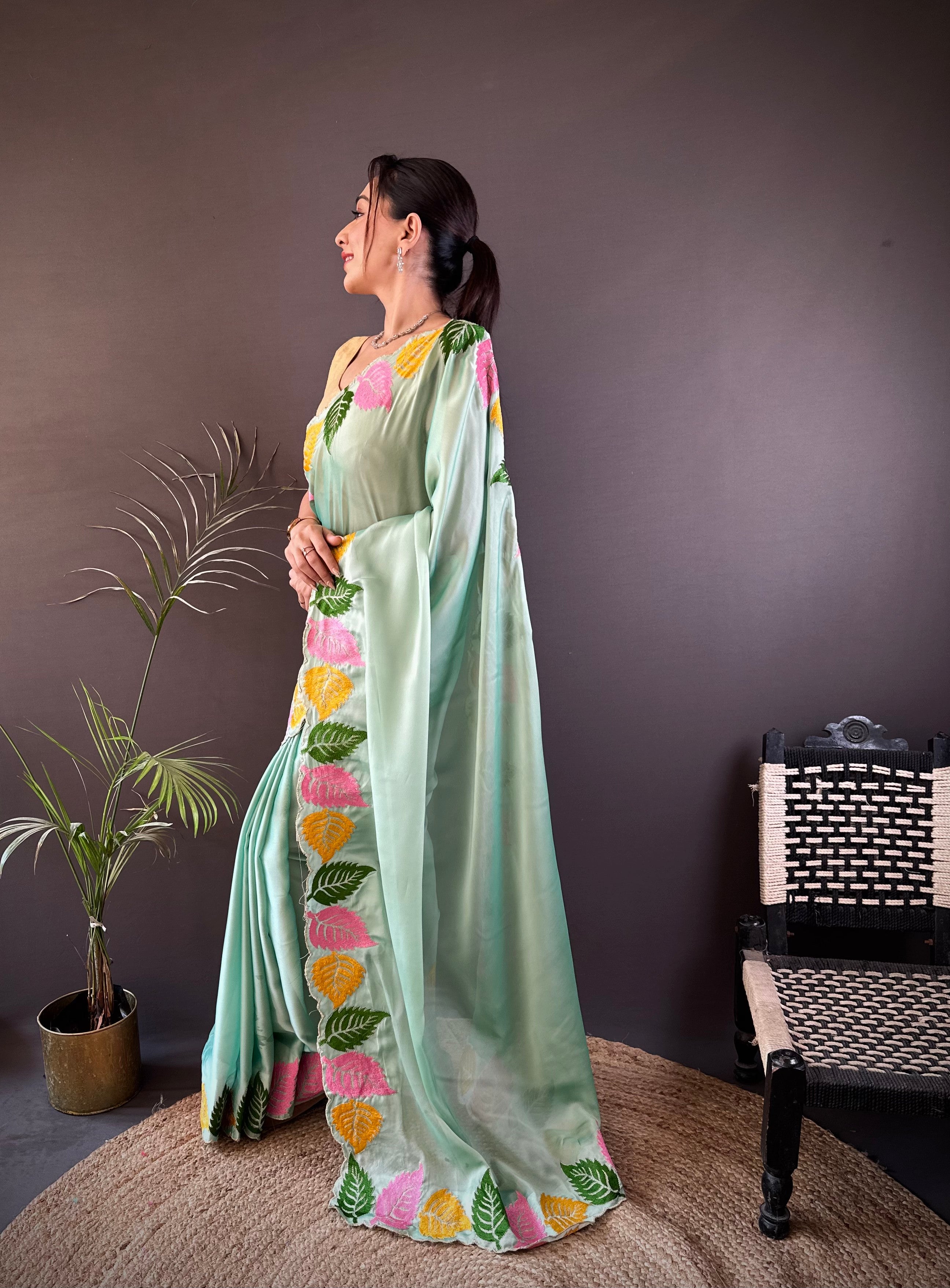 Mint Green Georgette Saree with Multicolor Leaf Embroidery Border & Designer Pallu