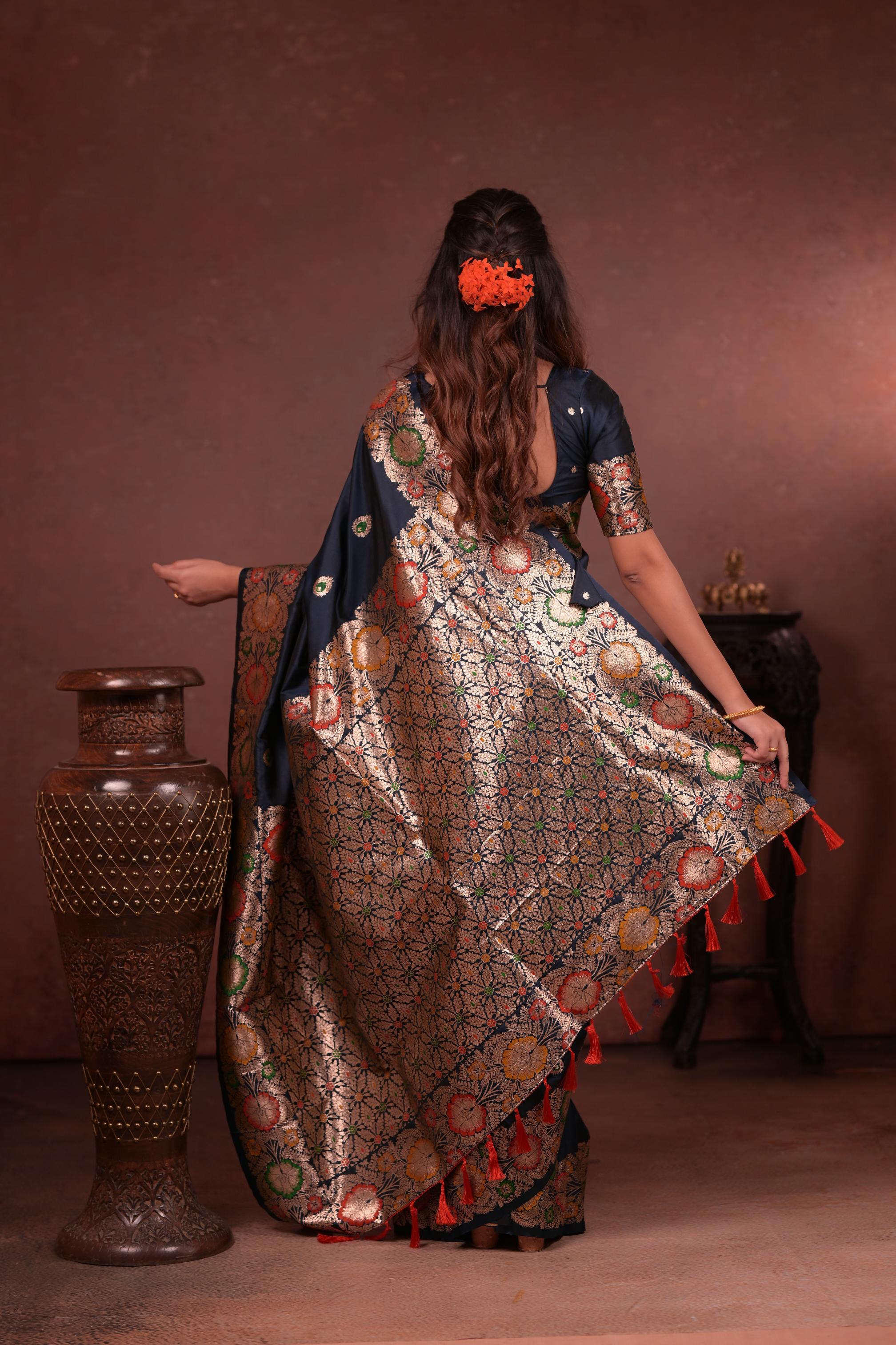 Navy Blue Banarasi Silk Saree with Multicolor Floral Zari Woven Border & Rich Designer Pallu
