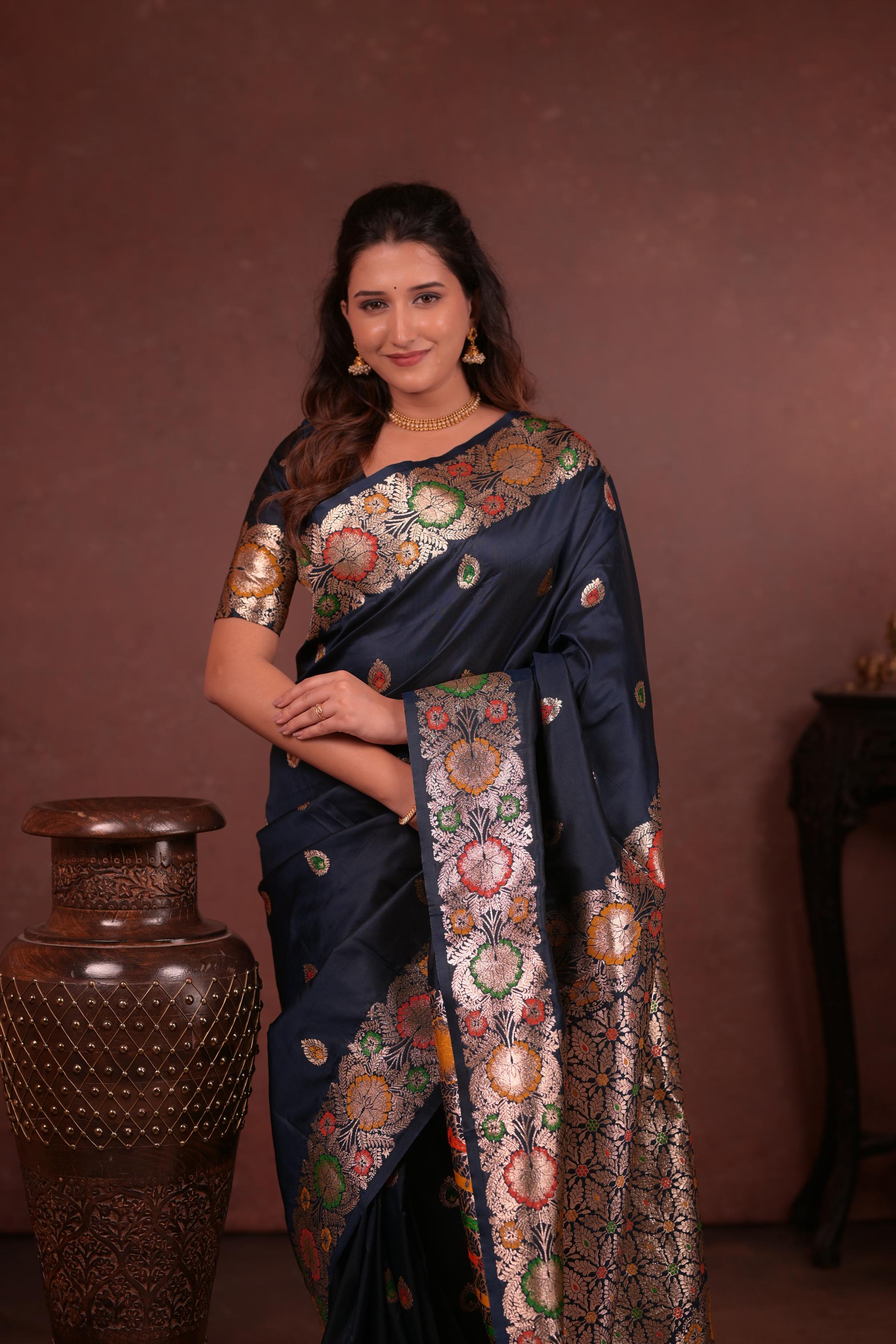 Navy Blue Banarasi Silk Saree with Multicolor Floral Zari Woven Border & Rich Designer Pallu