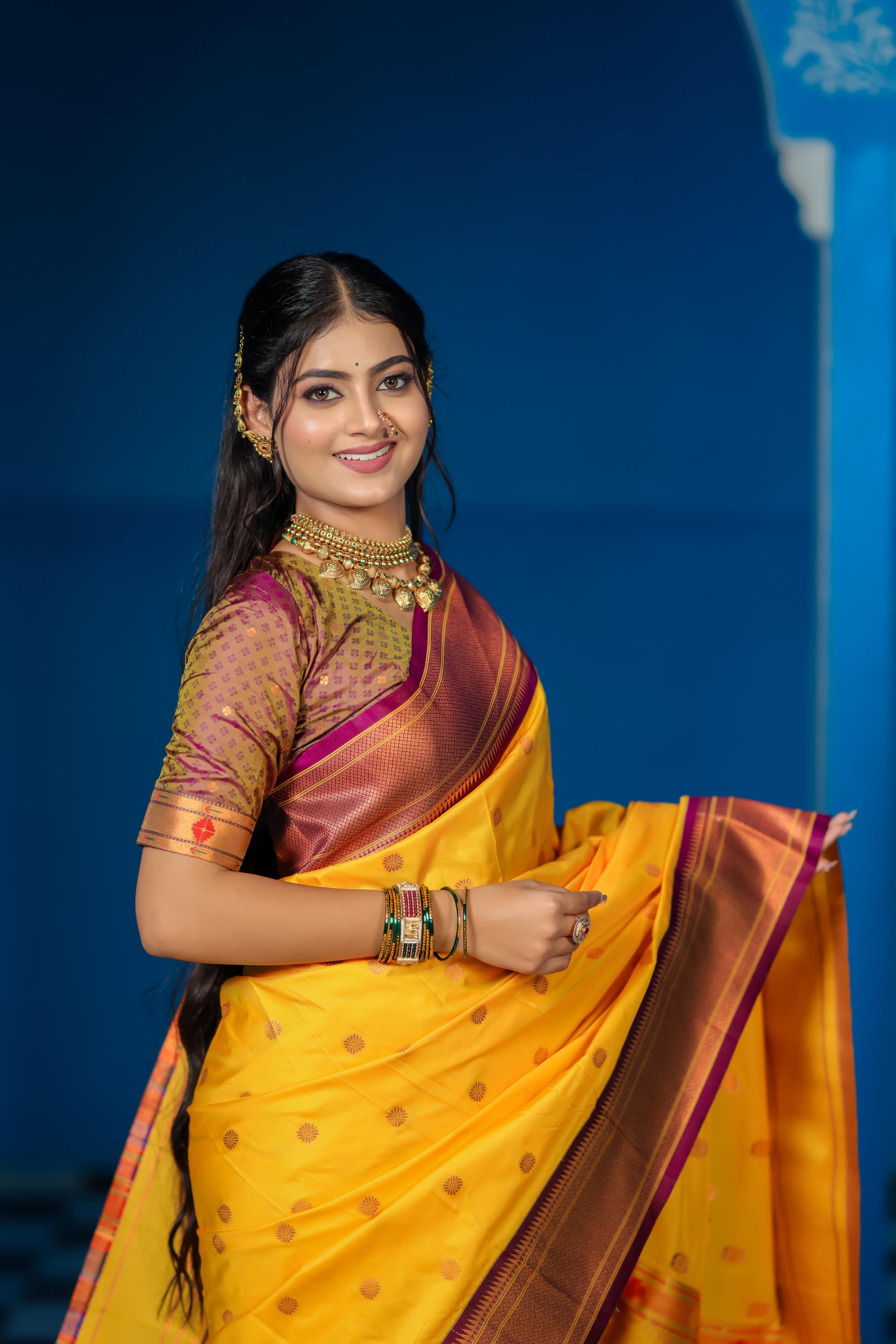Mustard Yellow Paithani Silk Saree with Golden Zari Butti, Purple Border & Designer Pallu