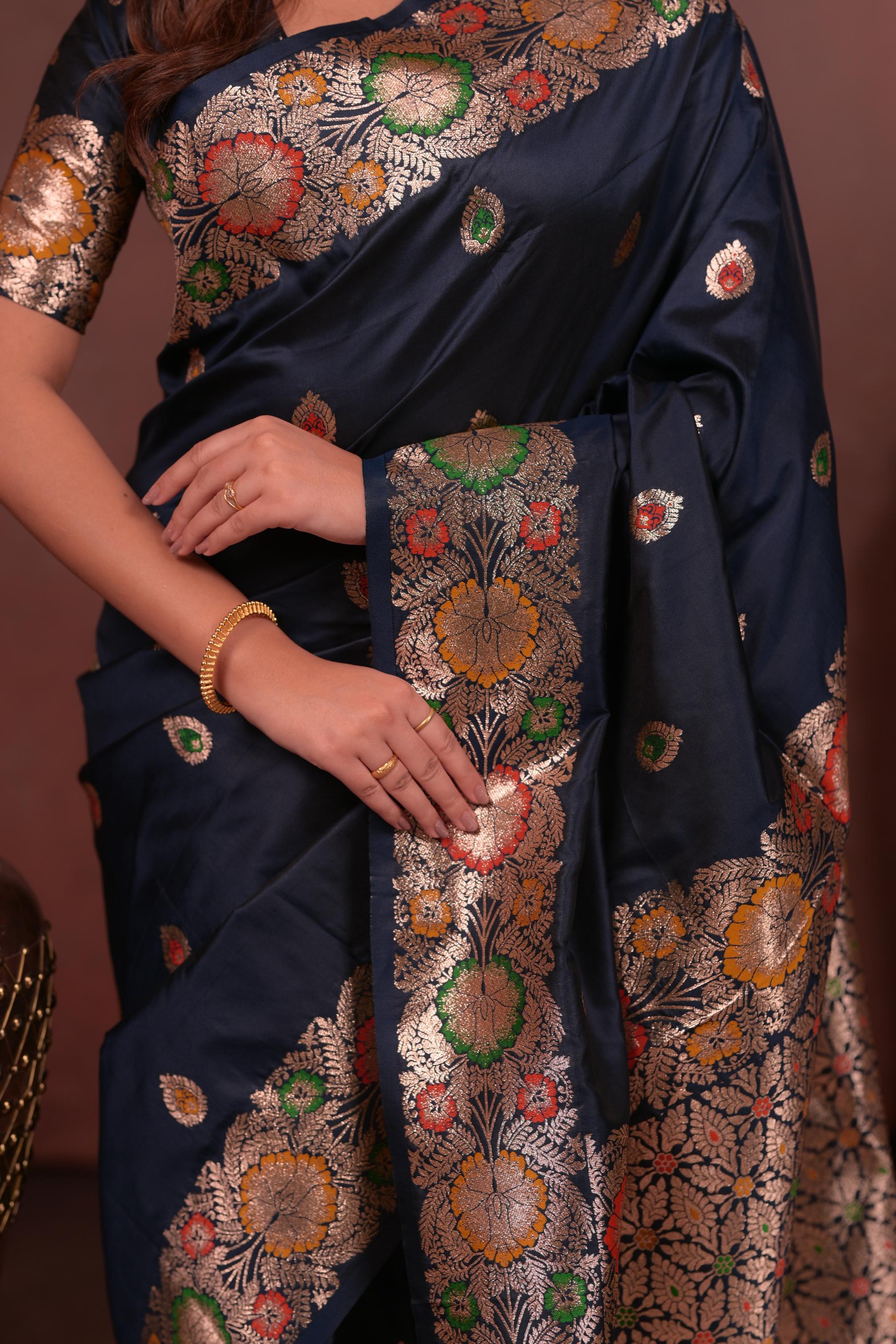 Navy Blue Banarasi Silk Saree with Multicolor Floral Zari Woven Border & Rich Designer Pallu