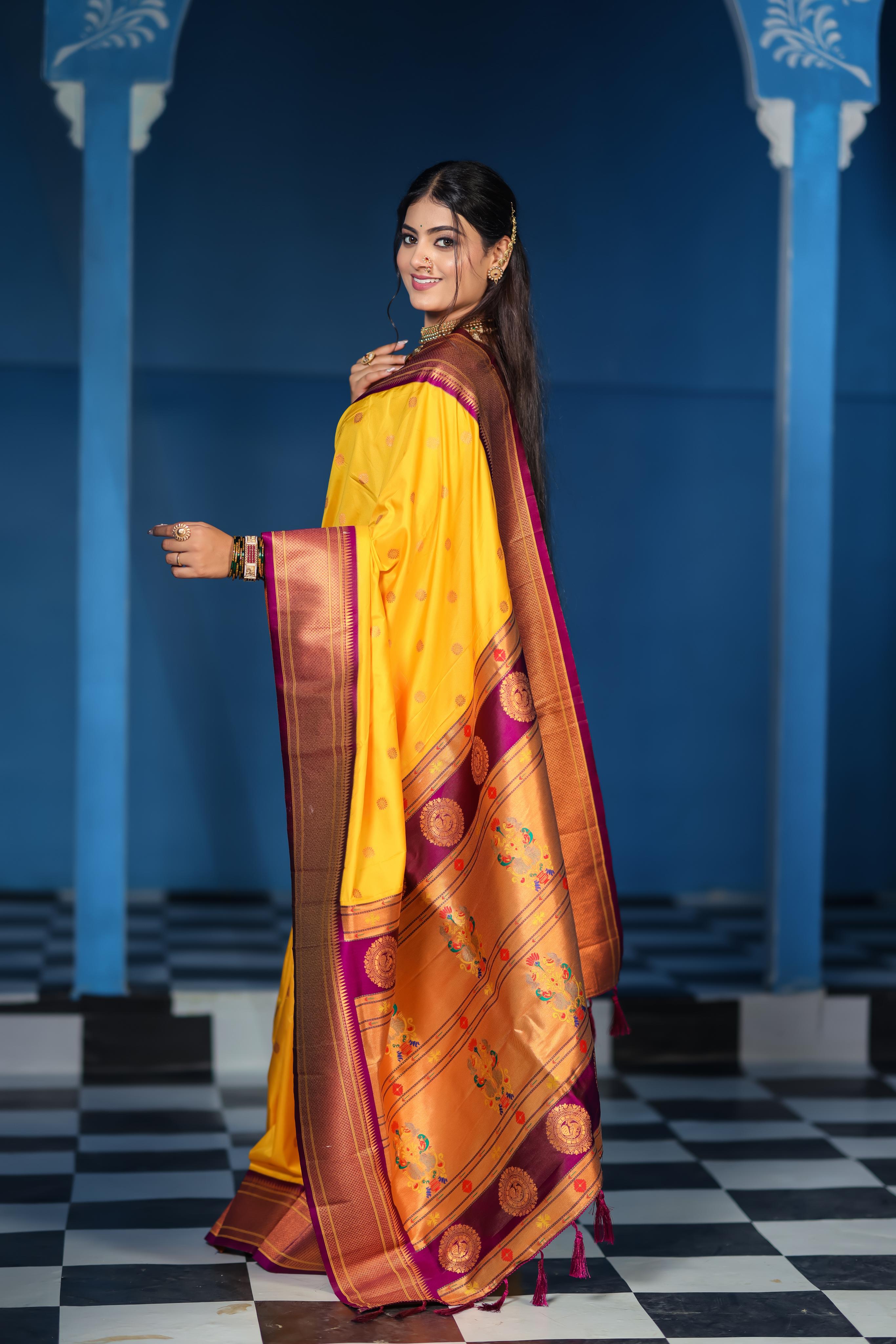 Mustard Yellow Paithani Silk Saree with Golden Zari Butti, Purple Border & Designer Pallu