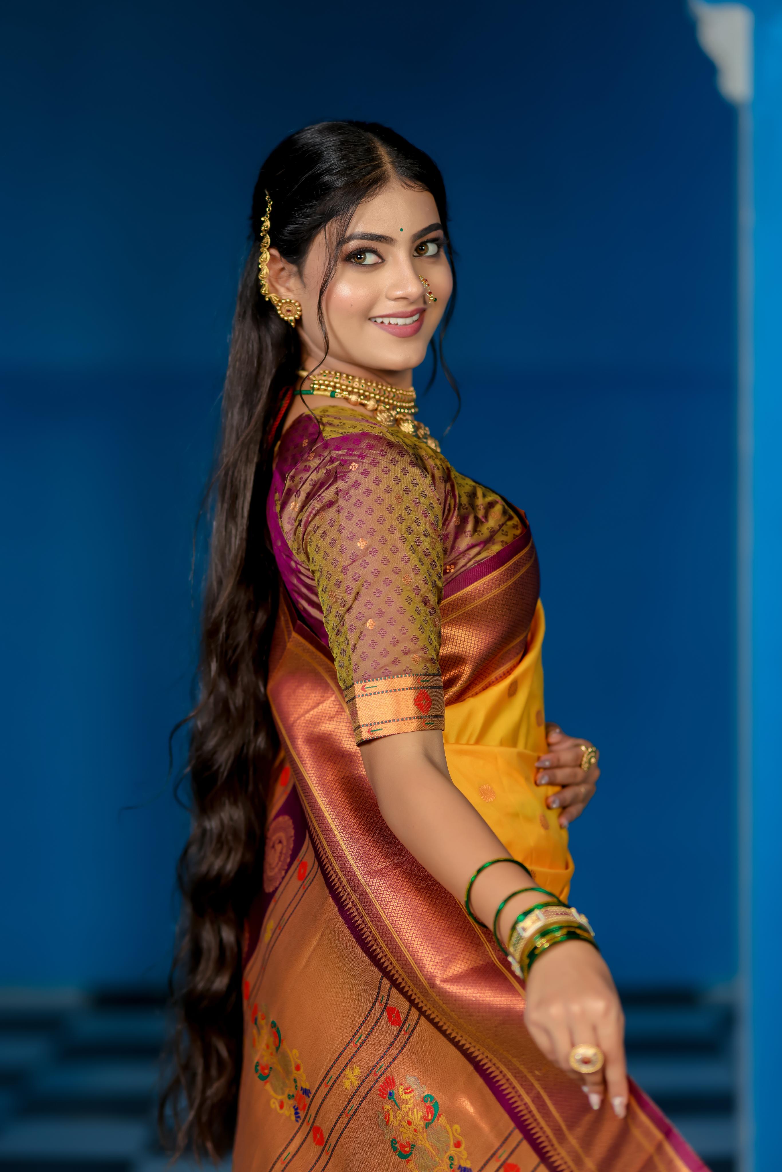 Mustard Yellow Paithani Silk Saree with Golden Zari Butti, Purple Border & Designer Pallu