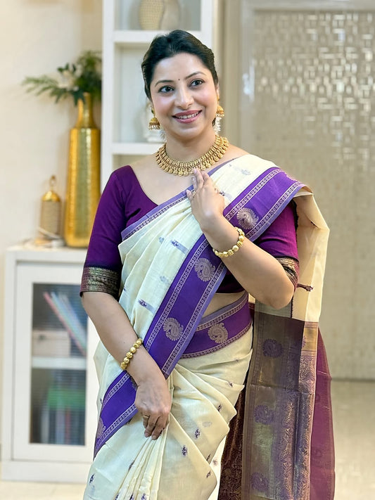 Blissful Off White Linen Silk Saree With Conflate Blouse Piece