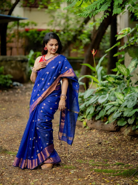 Quintessential Royal Blue Cotton Silk Saree With Snazzy Blouse Piece