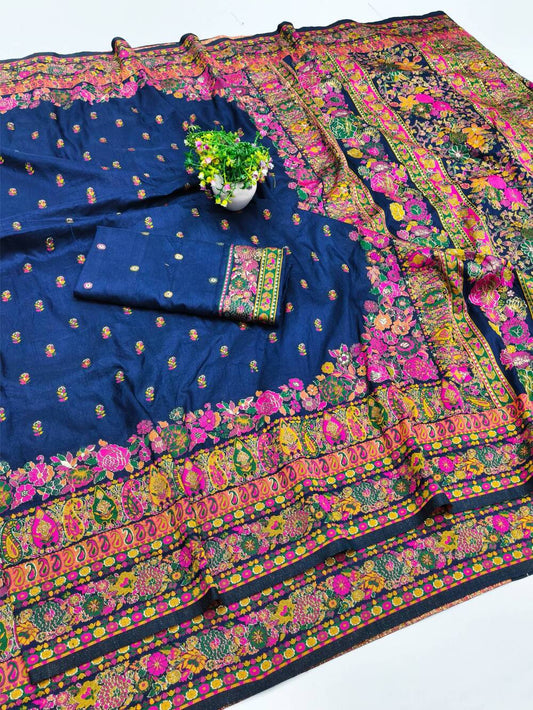 Demanding Navy Blue Nylon Dola Pashmina Saree With Gleaming Blouse Piece