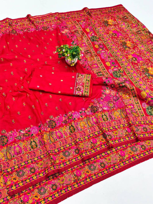 Improbable Red Nylon Dola Pashmina Saree With Sonorous Blouse Piece