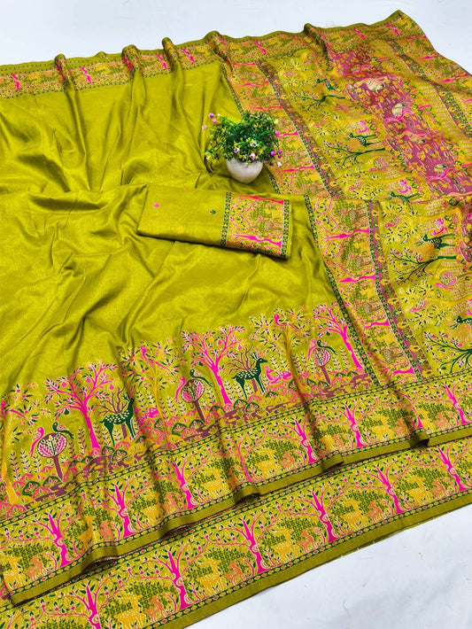 Enamoring Mehndi Nylon Dola Pashmina Saree With Surpassing Blouse Piece