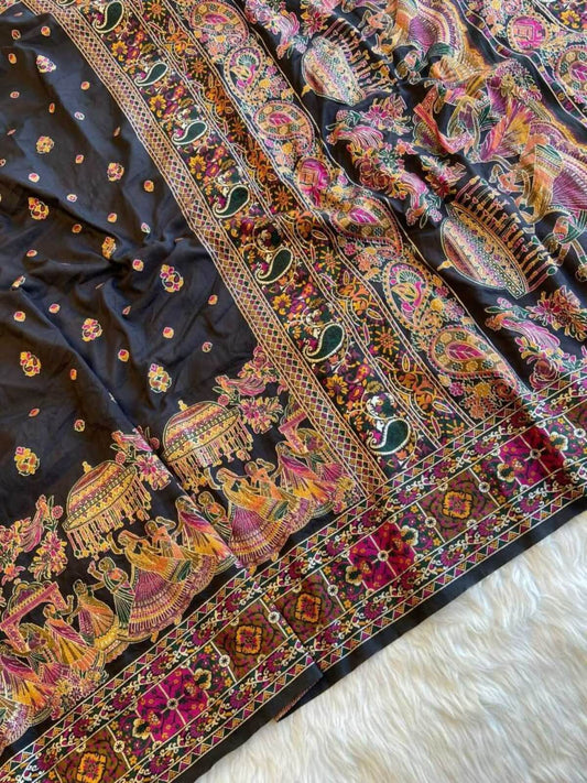 Inimitable Black Nylon Dola Pashmina Saree With Phenomenal Blouse Piece