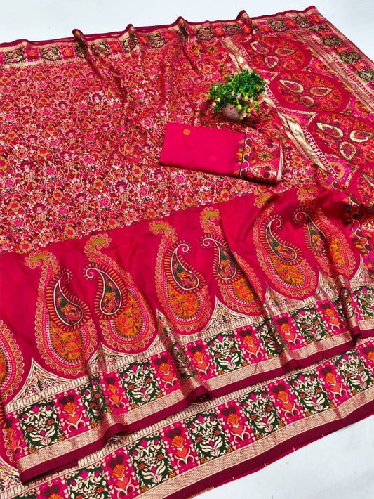 Demure Dark Pink Nylon Dola Pashmina Saree With Sophisticated Blouse Piece