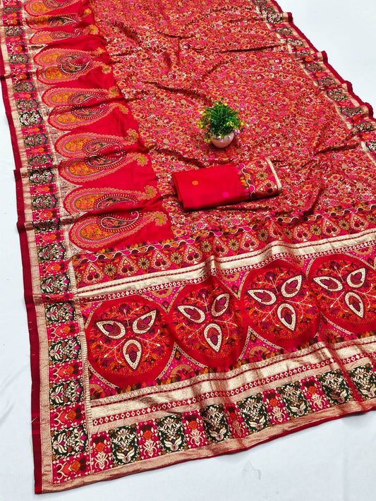 Adoring Red Nylon Dola Pashmina Saree With Designer Blouse Piece