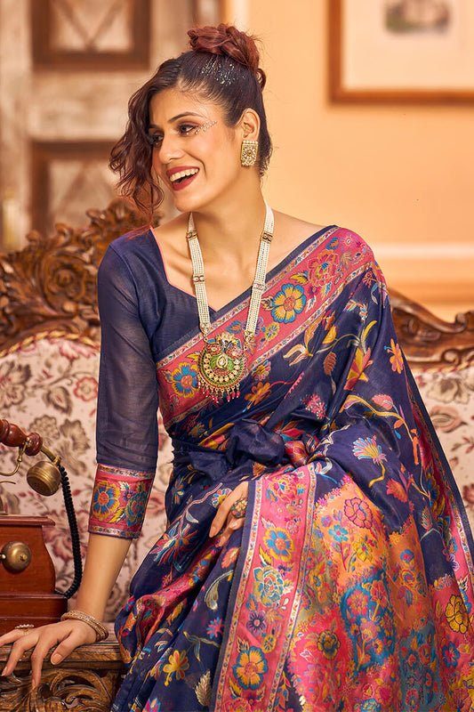 Lovely Navy Blue Linen Silk Saree With Engrossing Blouse Piece