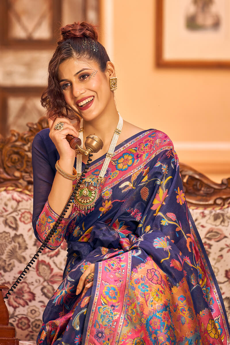 Lovely Navy Blue Linen Silk Saree With Engrossing Blouse Piece