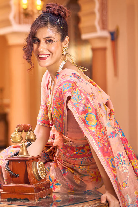 Refreshing Peach Linen Silk Saree With Groovy Blouse Piece