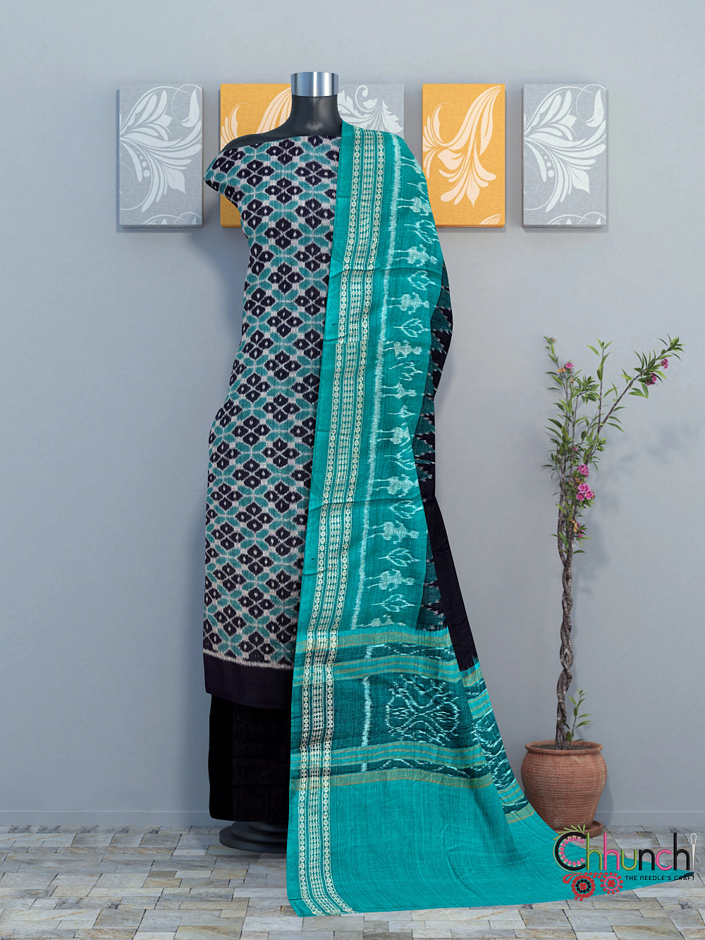 Black and Teal Sambalpuri Handloom Cotton Dress Material
