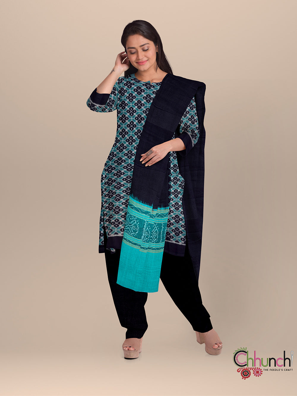 Black and Teal Sambalpuri Handloom Cotton Dress Material