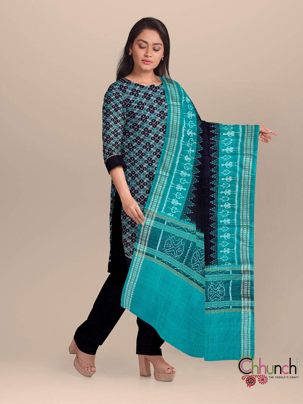 Black and Teal Sambalpuri Handloom Cotton Dress Material