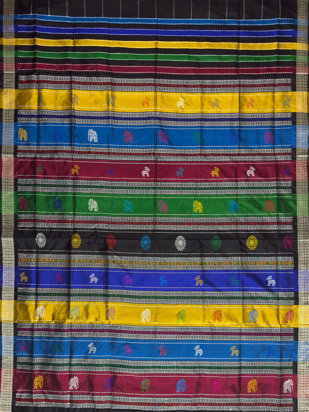 Black Double Pallu Handloom Berhampuri Pure Silk Patta Saree with Fish Motifs