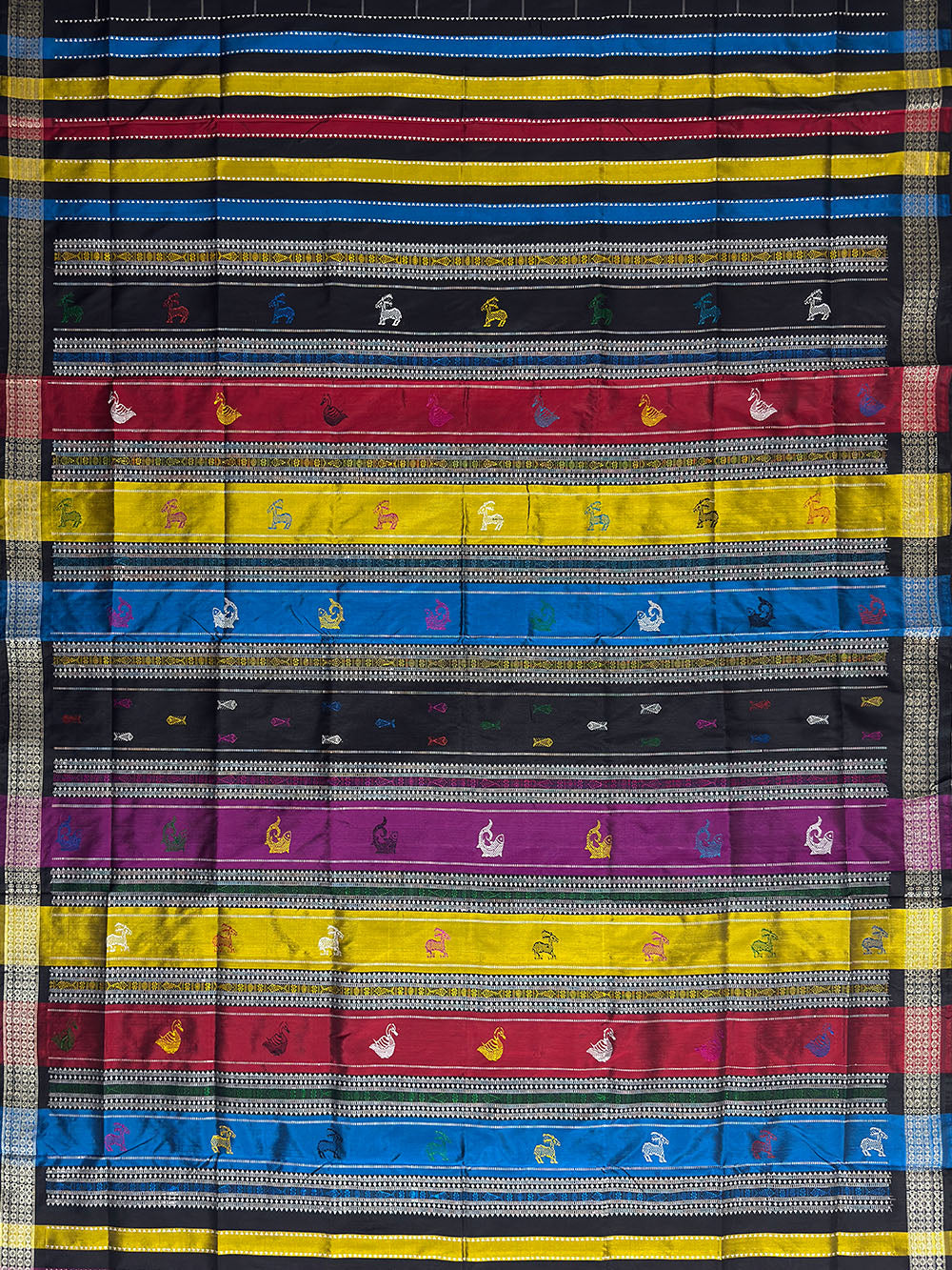 Black Double Pallu Handloom Berhampuri Pure Silk Patta Saree with Animal Motifs