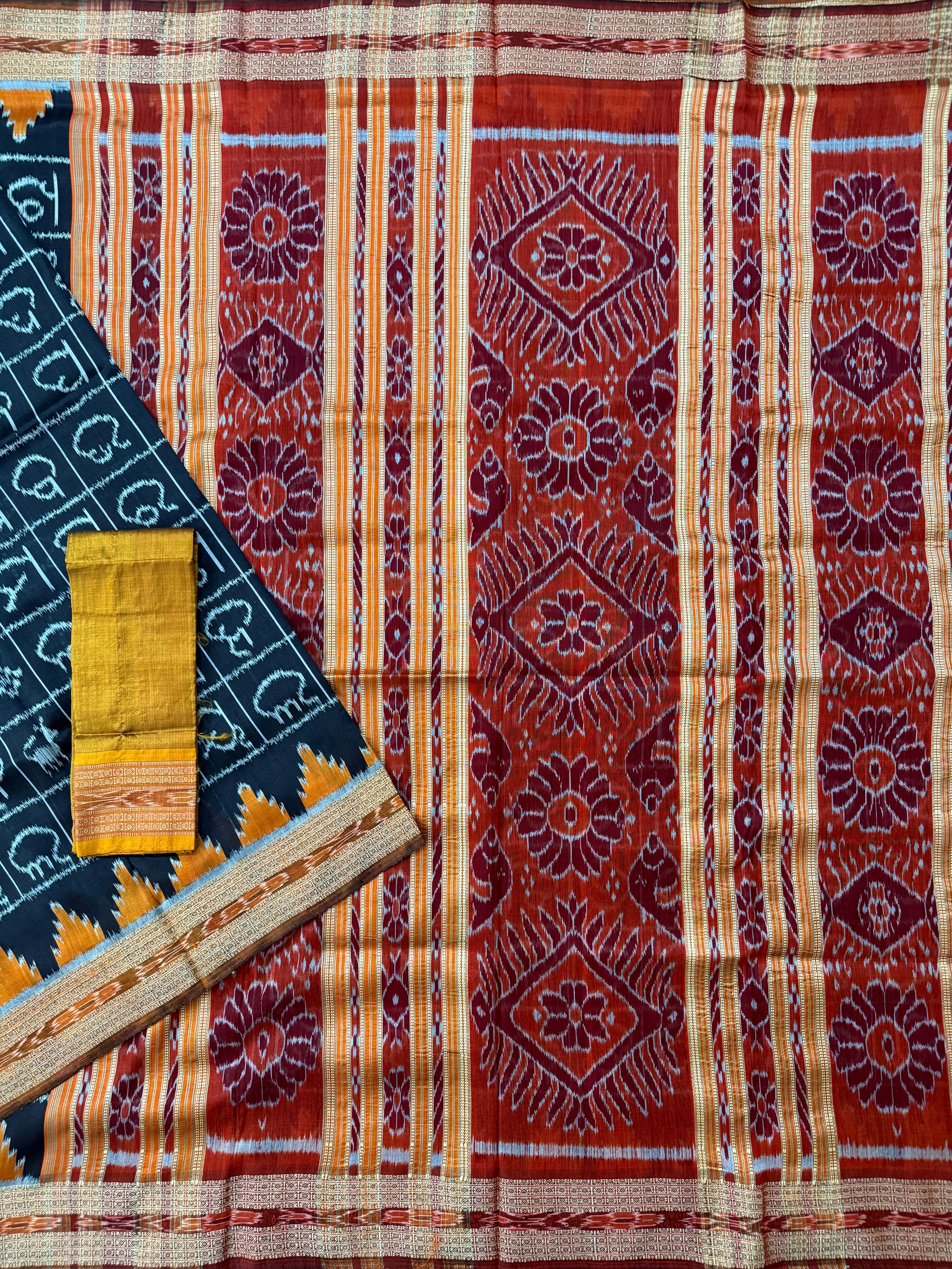 Black Odia Varnamala Pure Silk Handloom Khandua Patta Saree