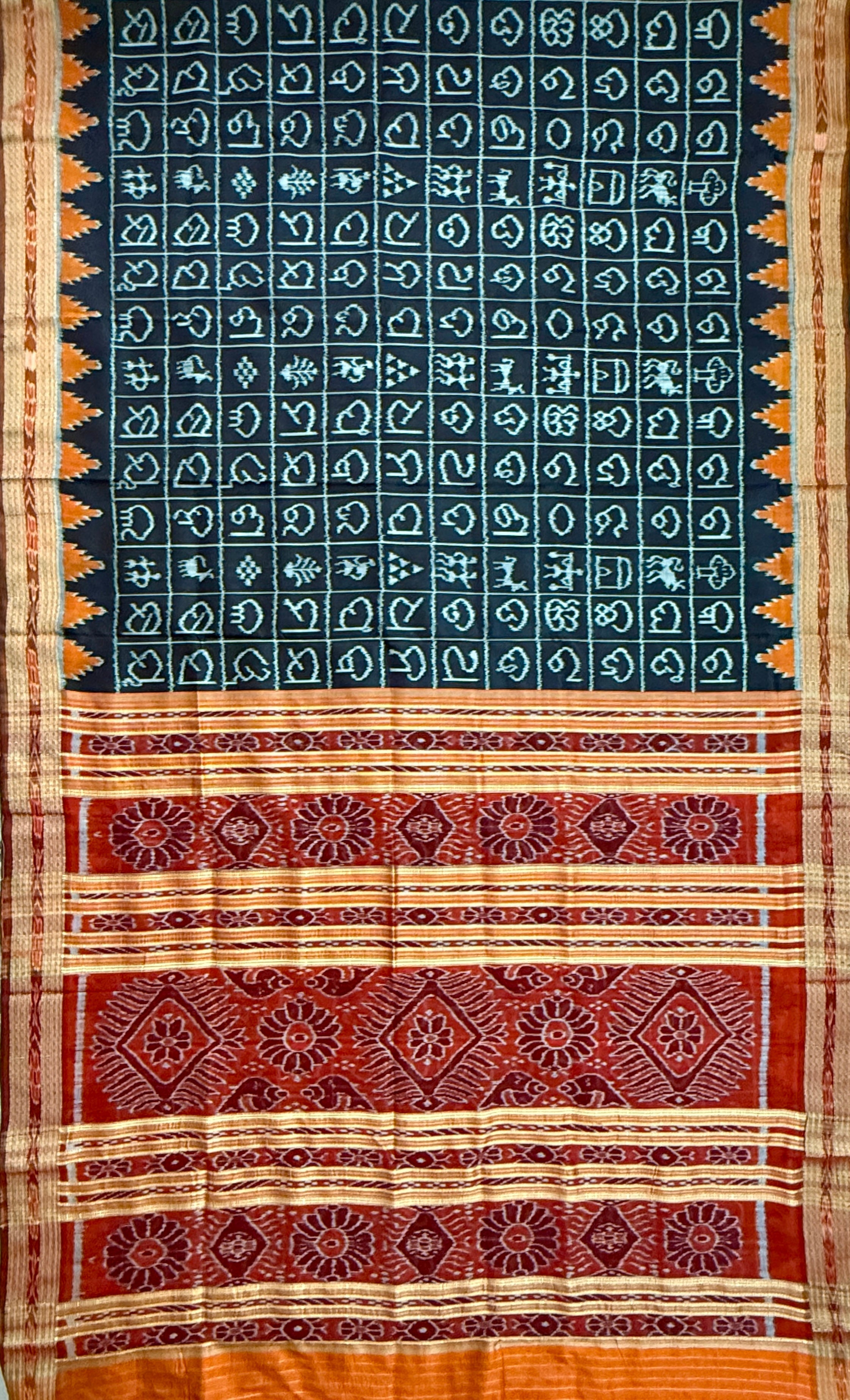 Black Odia Varnamala Pure Silk Handloom Khandua Patta Saree