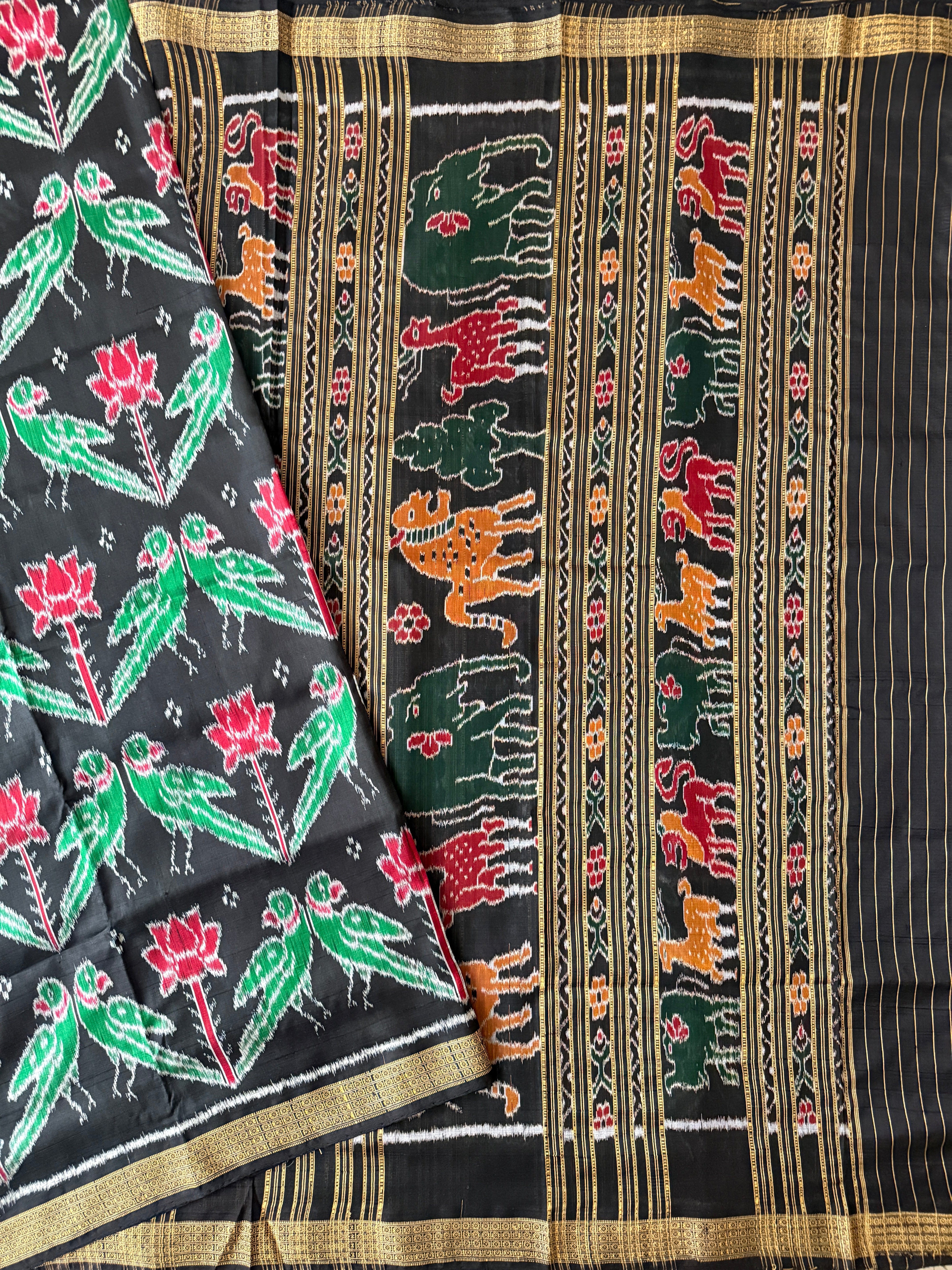 Black Pure Silk Handloom Khandua Patta Saree with Parrot and Lotus Motifs