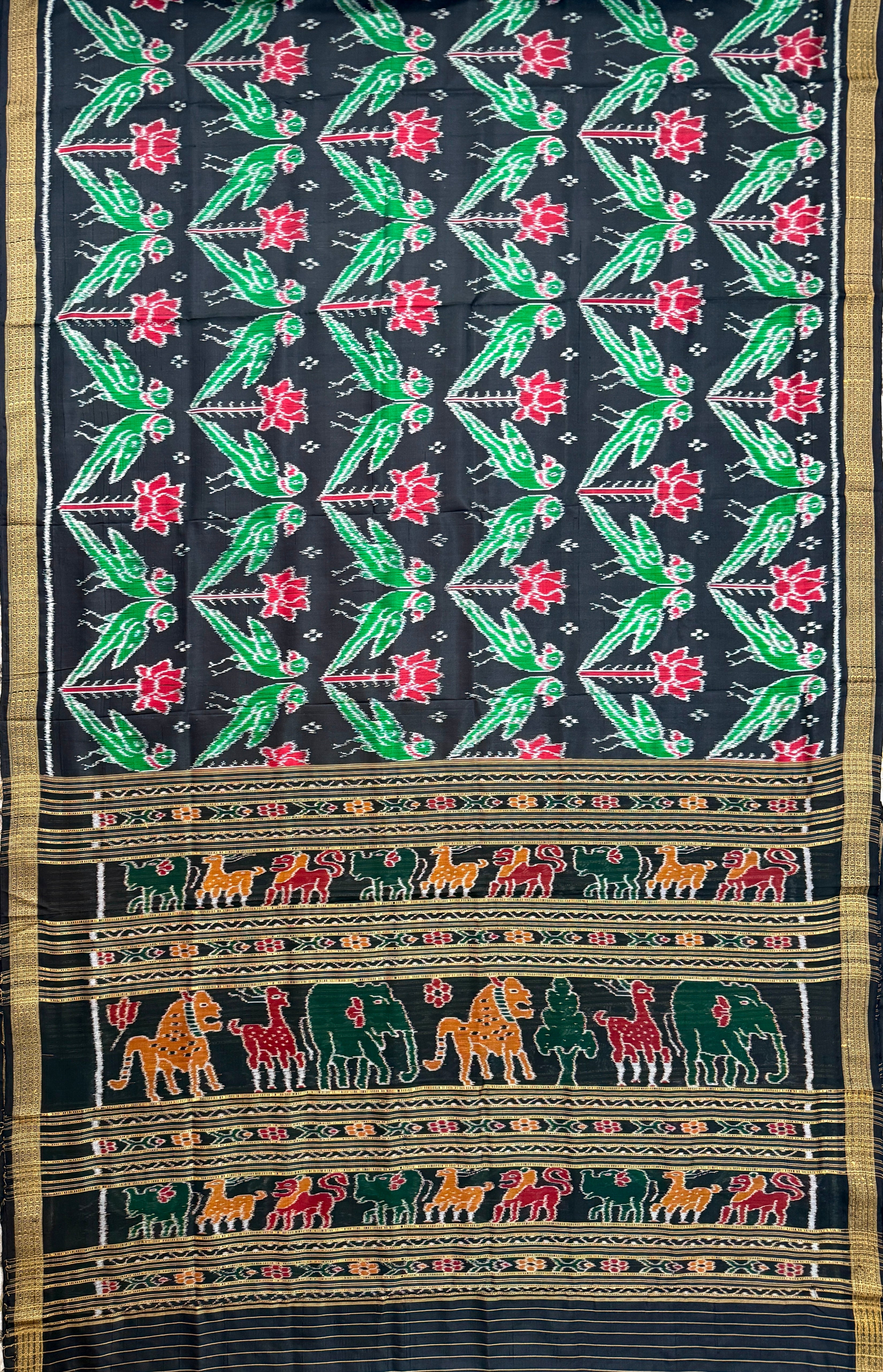 Black Pure Silk Handloom Khandua Patta Saree with Parrot and Lotus Motifs