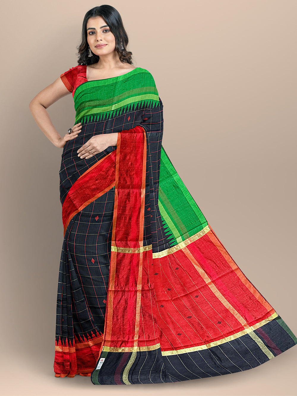 Black Raw Silk Handloom Saree in Checks and Ganga Jamuna Border