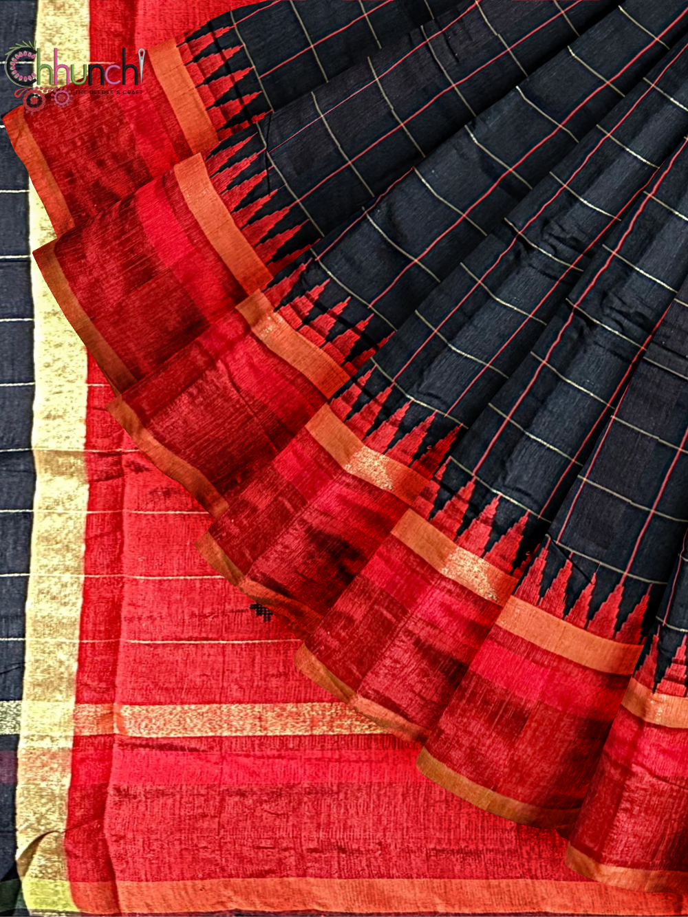 Black Raw Silk Handloom Saree in Checks and Ganga Jamuna Border