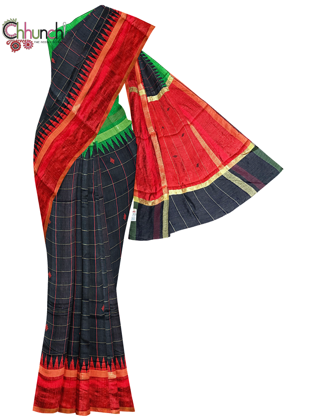 Black Raw Silk Handloom Saree in Checks and Ganga Jamuna Border