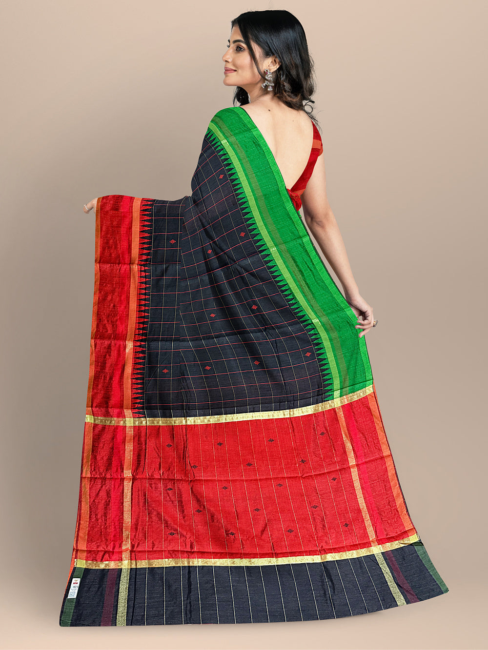 Black Raw Silk Handloom Saree in Checks and Ganga Jamuna Border