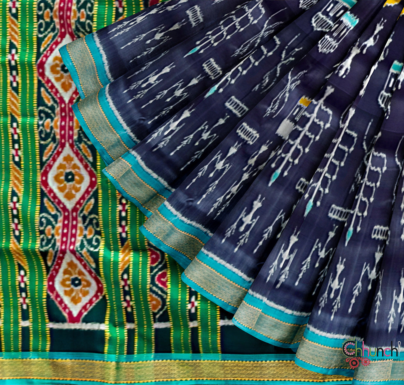 Black and Green Motifs Pure Silk Handloom Khandua Patta Saree