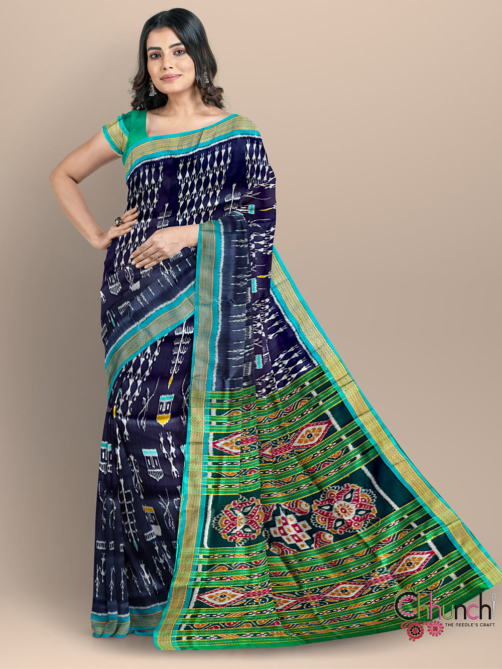Black and Green Motifs Pure Silk Handloom Khandua Patta Saree