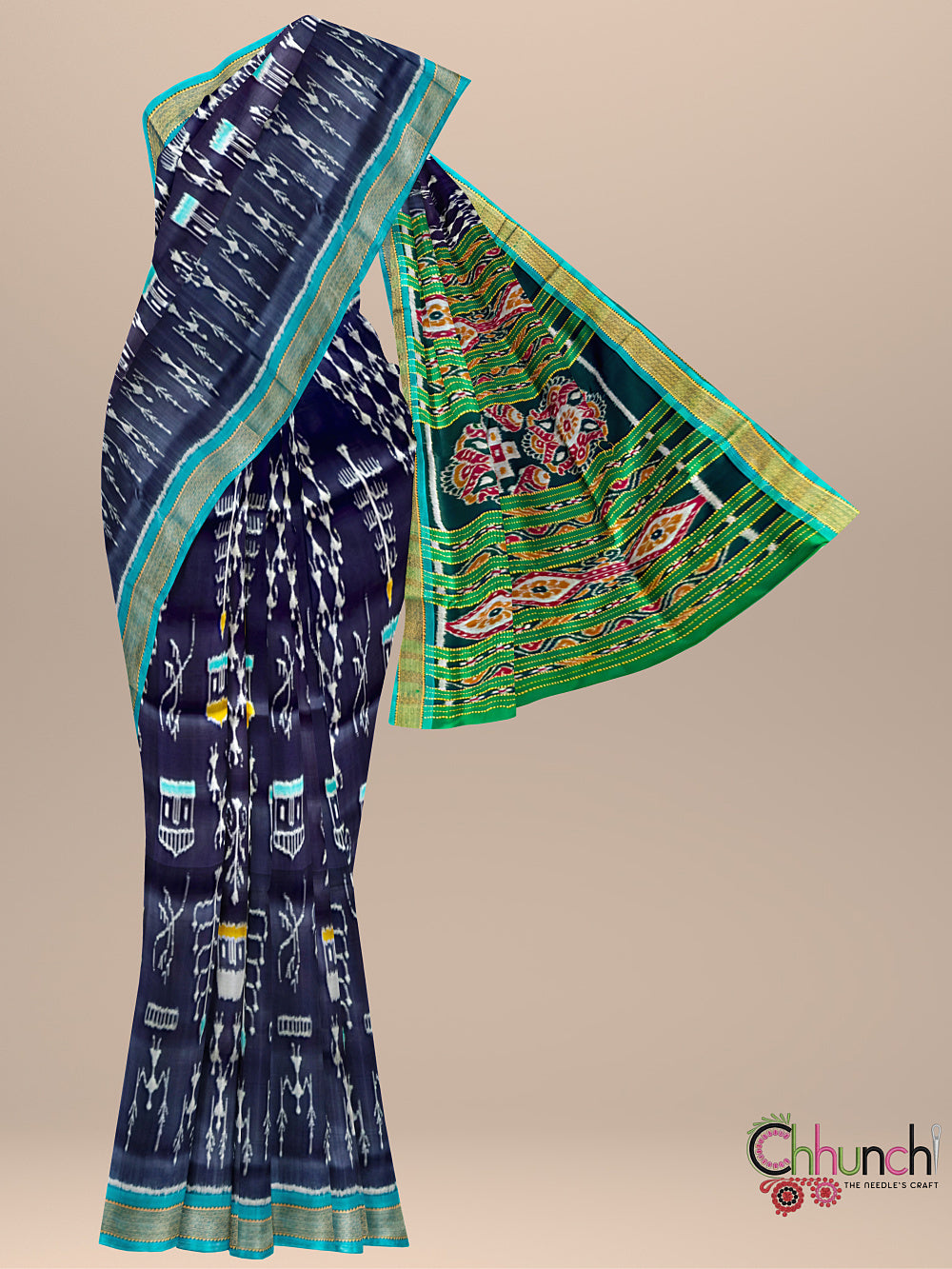 Black and Green Motifs Pure Silk Handloom Khandua Patta Saree
