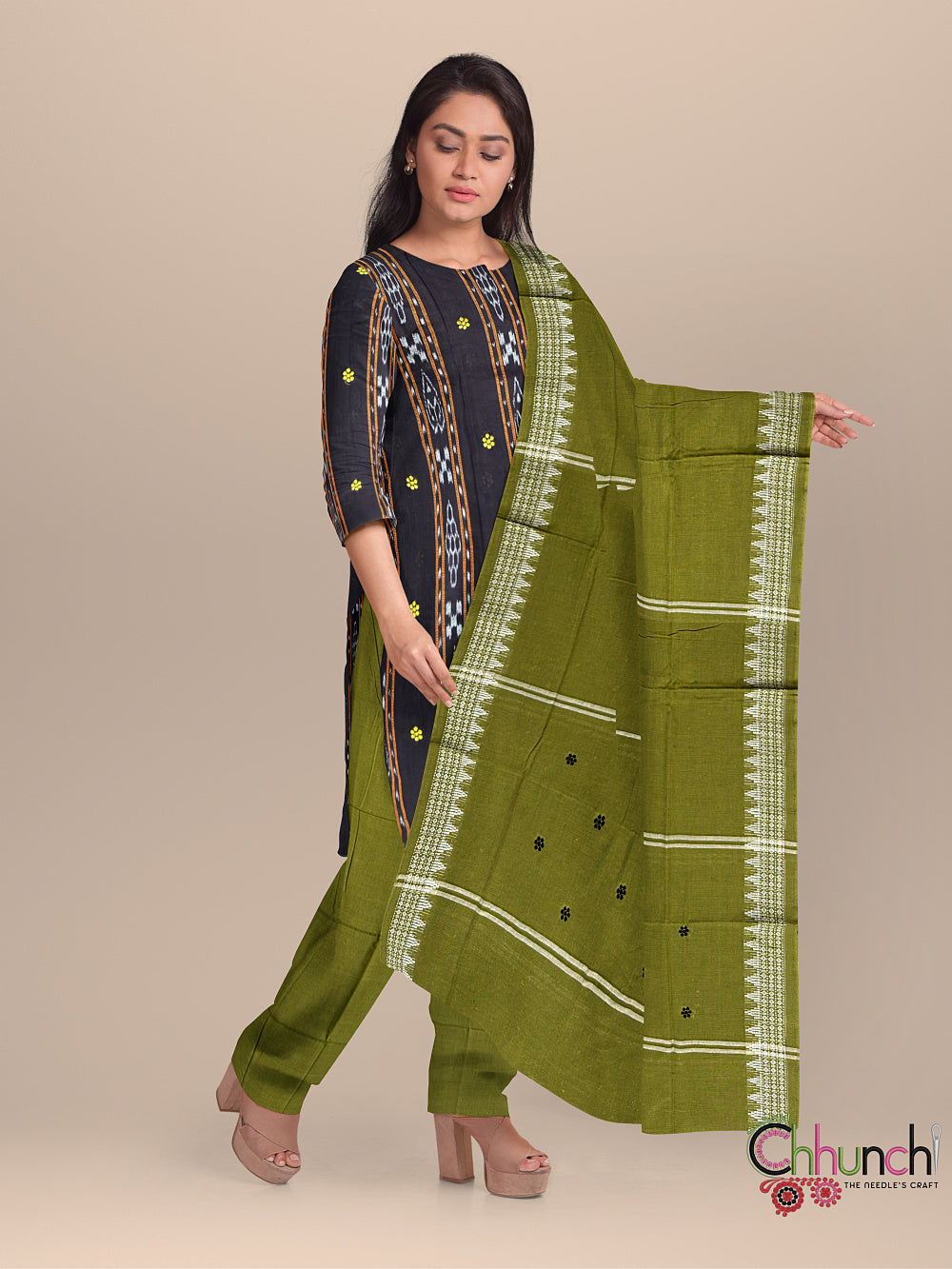 Black and Green Nuapatna Handloom Cotton Dress Material with Small buttas