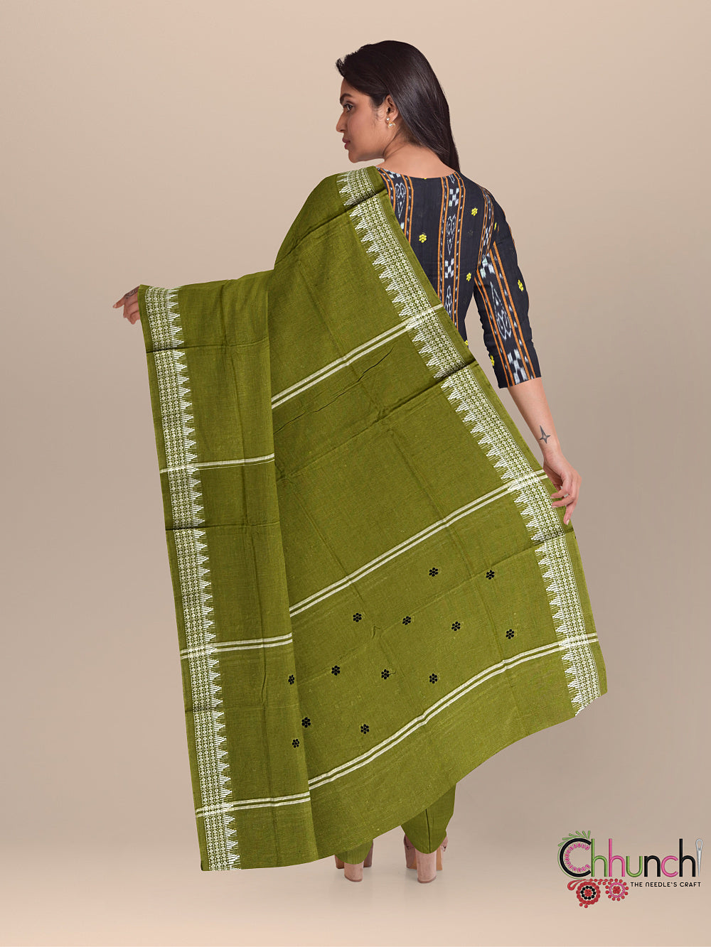 Black and Green Nuapatna Handloom Cotton Dress Material with Small buttas