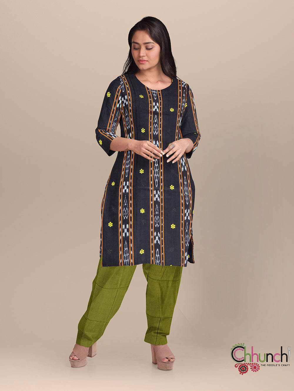 Black and Green Nuapatna Handloom Cotton Dress Material with Small buttas