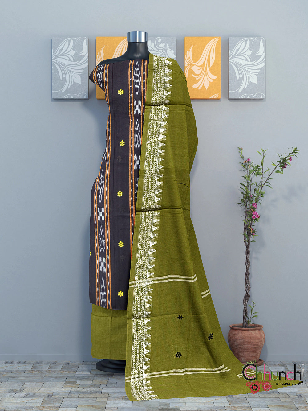 Black and Green Nuapatna Handloom Cotton Dress Material with Small buttas