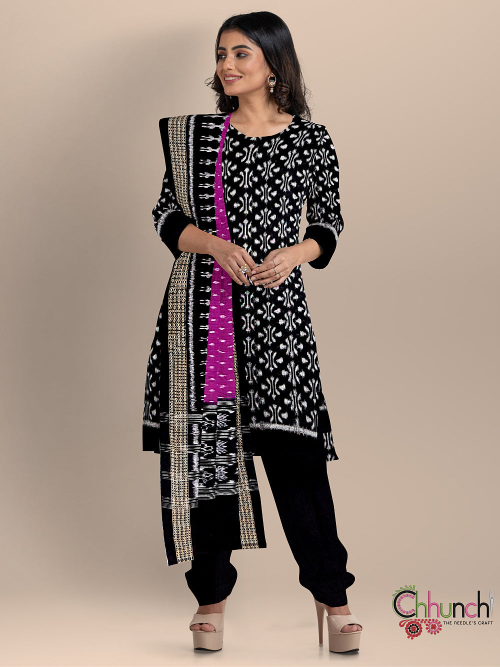 Black and Magenta Sambalpuri Handloom Cotton Dress Material