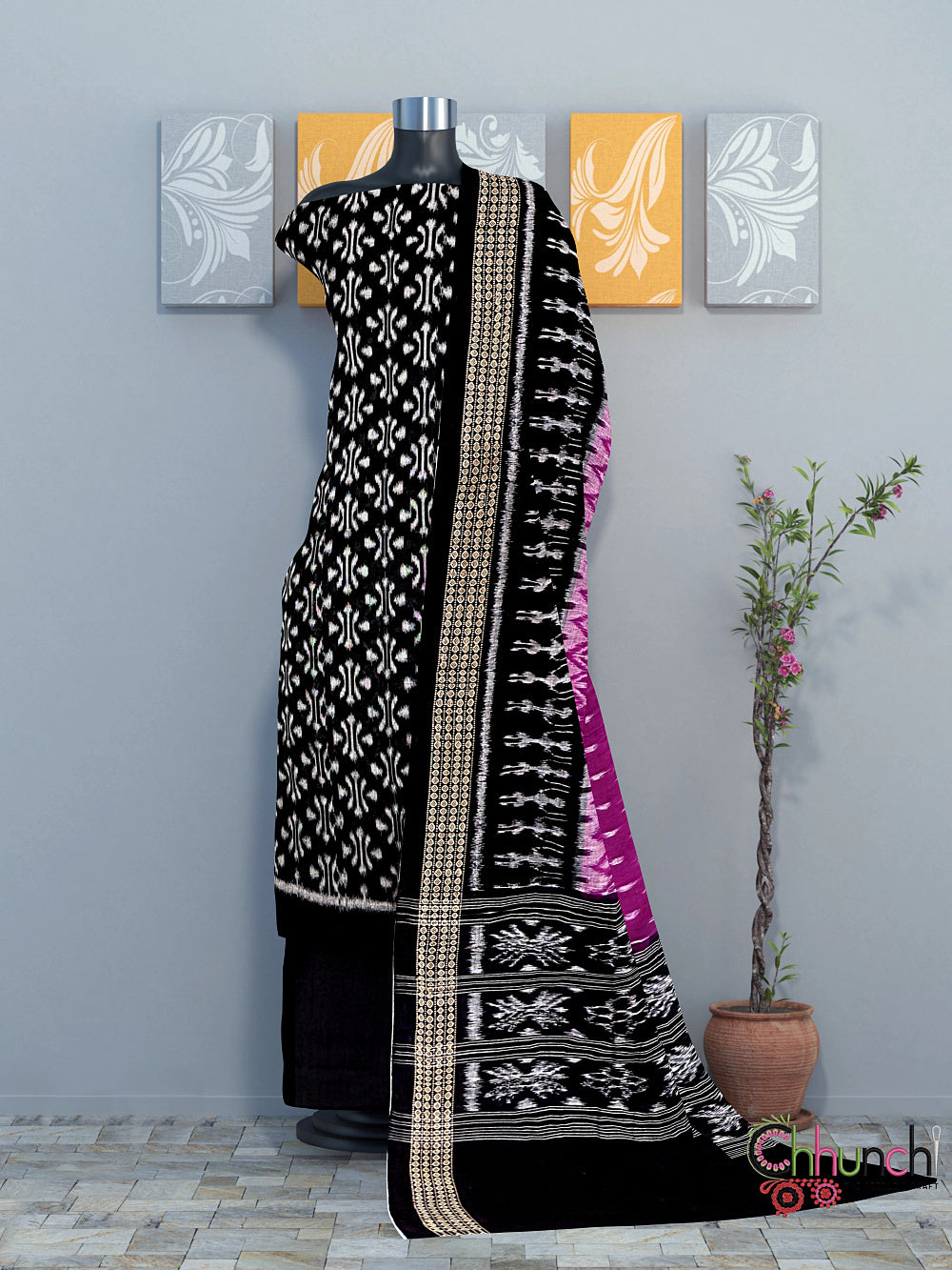 Black and Magenta Sambalpuri Handloom Cotton Dress Material