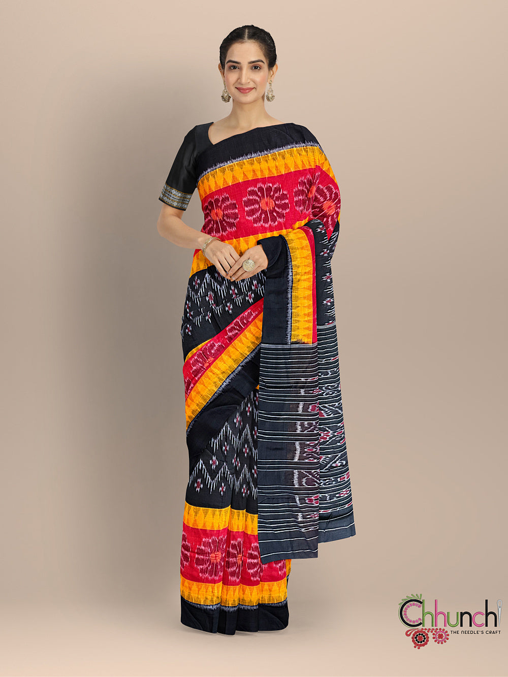 Black and Orange Handloom Cotton Nuapatna Saree