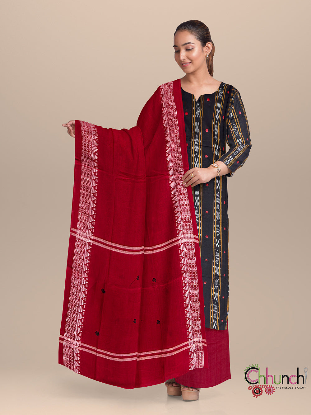 Black and Red Nuapatna Handloom Cotton Dress Material with Small buttas